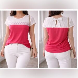 Faith and Joy Pink White Colorblock Lace Trim Bow Back Blouse‎ Top PS